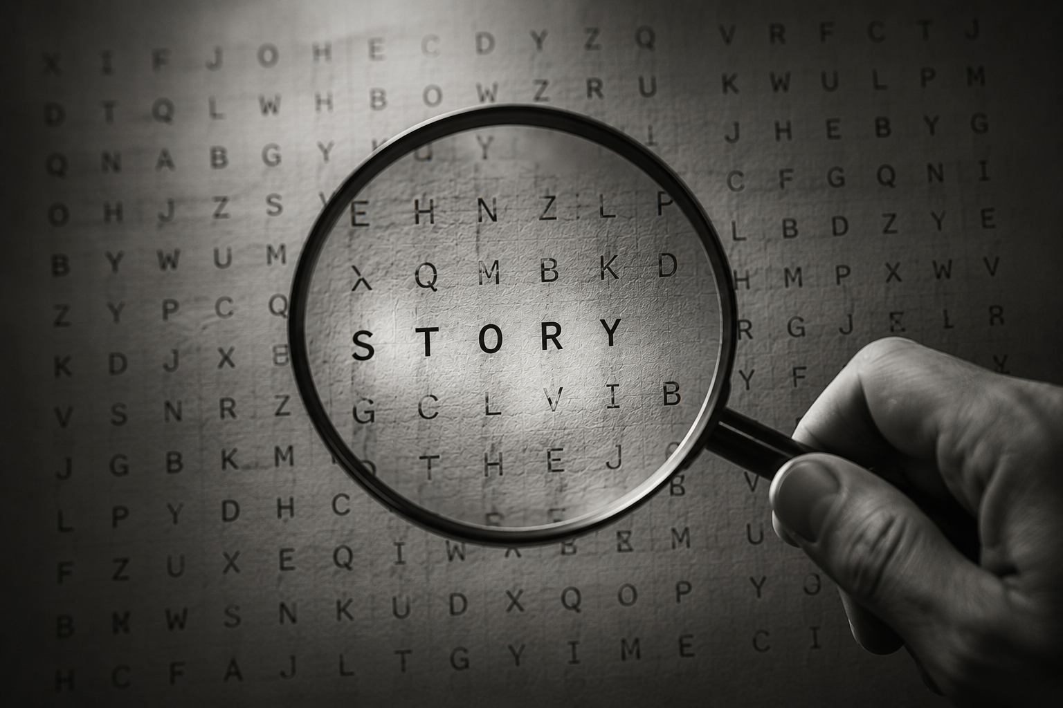 Hand holding a magnifying glass over the word STORY in a word search